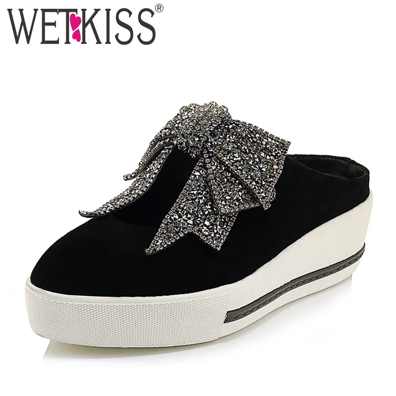 

WETKISS Kid Suede Slippers Woman Pointed Toe Footwear Crystal Butterfly Knot Slides Shoes Female Mules Platform Woman Summer