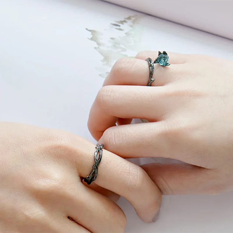 Genuine 925 Sterling Silver Adjustable Ring Fashion Black Rose Flower Couple Rings For Women Men Crystal Wedding Jewelry Anel