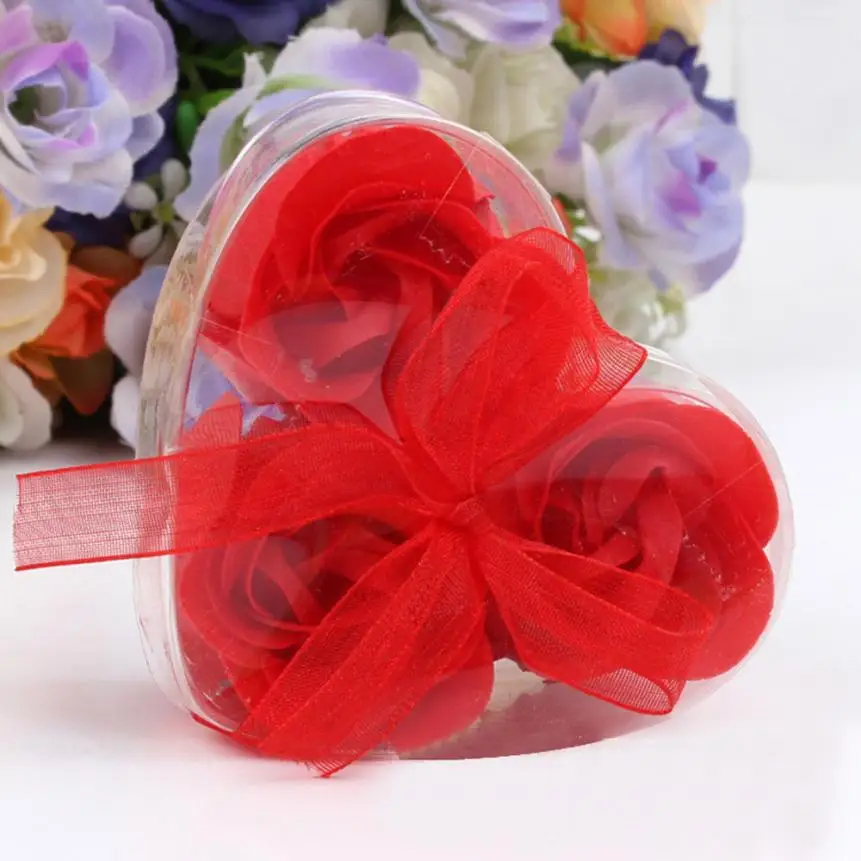 3pcs Heart Shaped Artificial Rose Soap Flower Bath Body Soap Romantic Souvenirs Valentine's Day Gifts Wedding Favor Party Decor