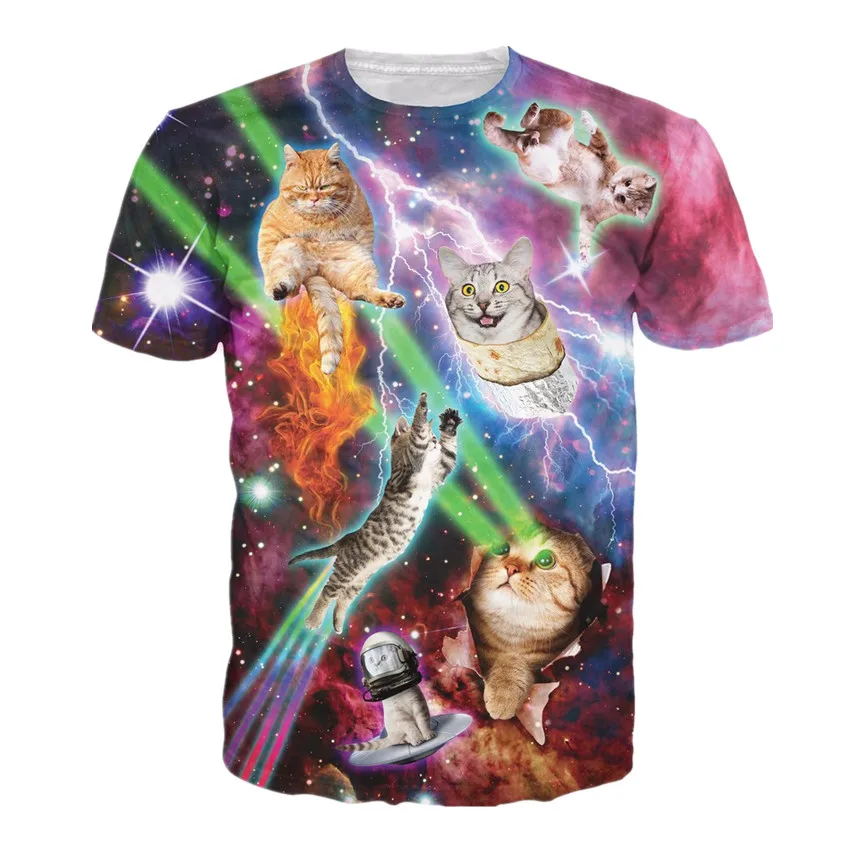 

New Fashion Women/Men Cat T-Shirt Intergalactic 3D Funny Print Lightning Cat Digital In Space Galaxy T Shirt O-Neck Tops Tees