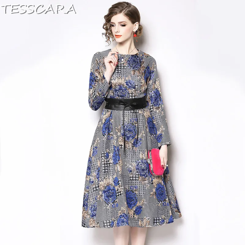 

TESSCARA Women Elegant Jacquard Dress Festa Female Fashion Designer Party Vestidos High Quality Office Vintage Retro Robe Femme