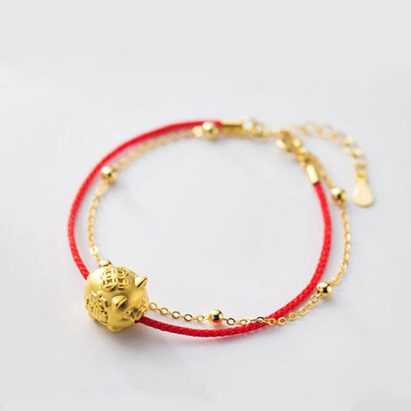 

La MaxZa 990 Sterling Silver Double Layer Chain Chinese Pig Bracelets Red Line Thread String Rope Jewelry Bracelets For Women