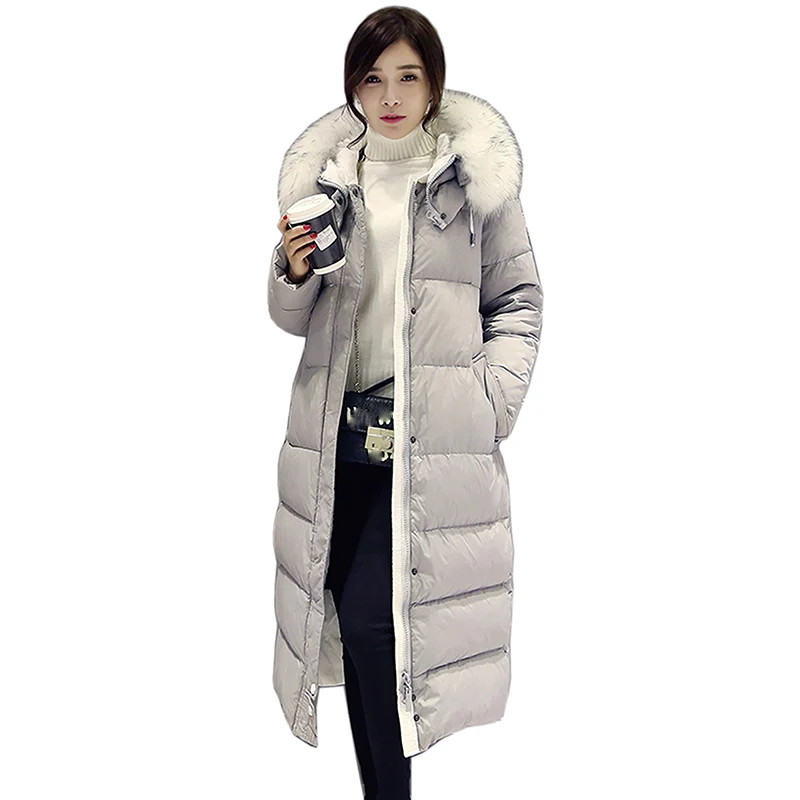2018 New European Women's Down Jacket Female Thick Big Fur Collar Hoodie White Down Coat Parka Winter Jacket Women High Quality