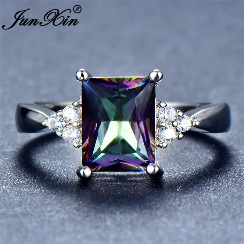 JUNXIN Princess Cut Stone Rainbow Fire Zircon Wedding Rings For Women 925 Silver Filled Square Aqua Blue Birthstone Ring Female