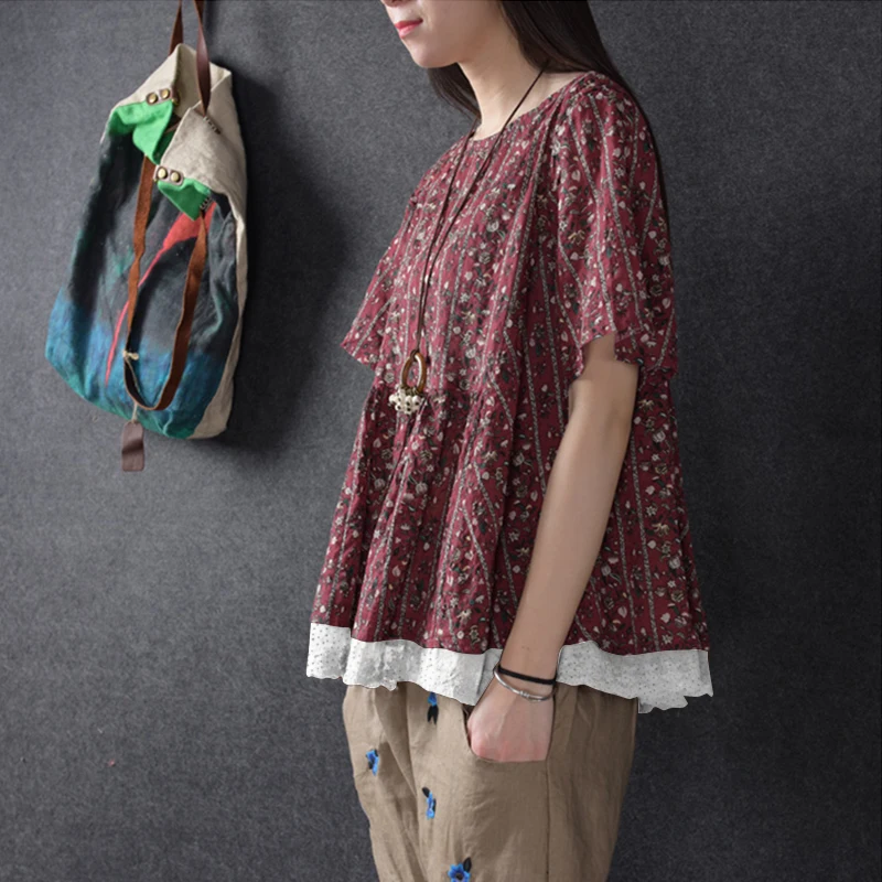 ZANZEA,, летняя женская блузка, Ретро стиль, повседневная, Цветочный, на шнуровке, рубашка, топ, короткий рукав, для работы, женская блуза размера плюс 5XL