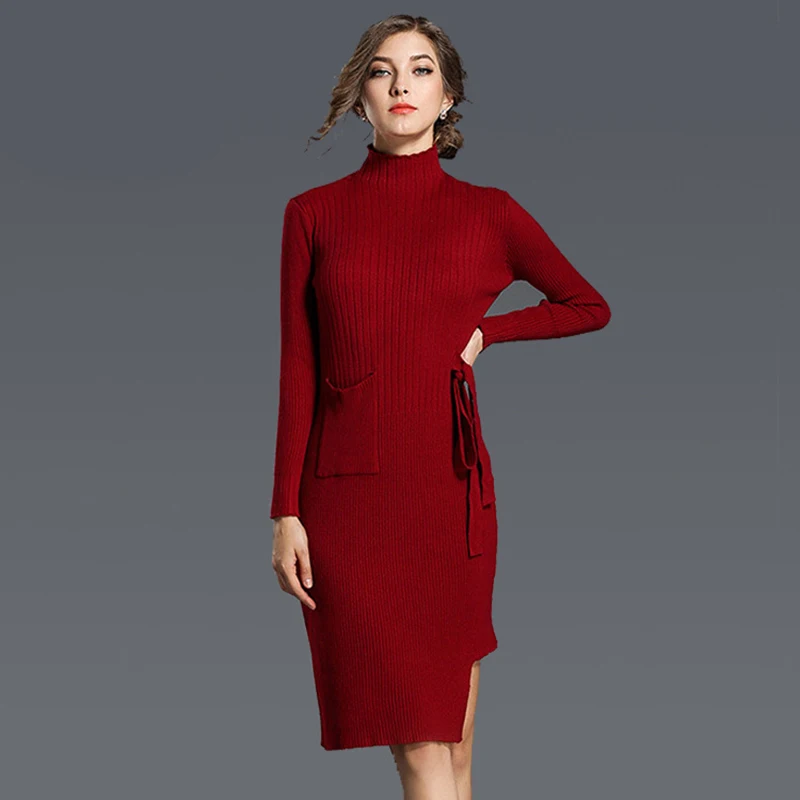 

Women Elegant Winter Half Turtleneck Pocket Decor Knitted Dresses Pure Color Side Lace-up Bow Tie Bodycon Female Formal Dresses