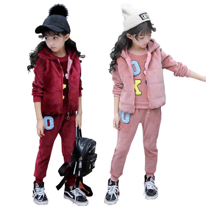 

Teenage girls clothing set kids tracksuit for girls winter clothes pleuche fleece 3pcs school girls clothes children clothes