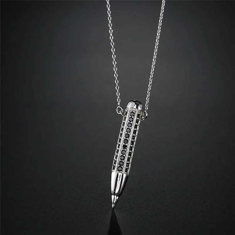 

New Fashion Small Size Personality Pen Pendant Necklace For Women Black Cubic Zirconia Copper Jewelry Female Accessories