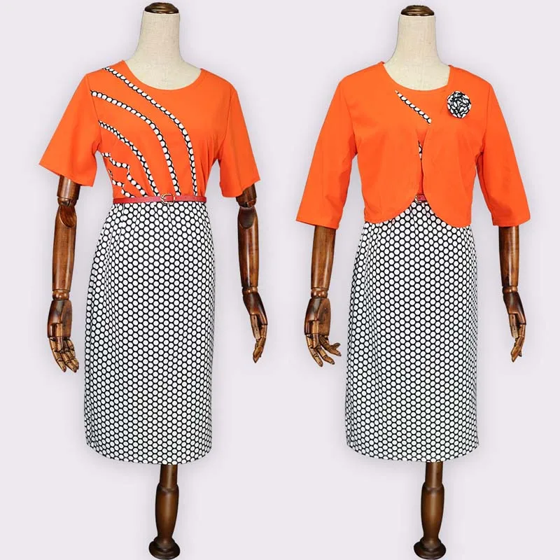 Африканская одежда элегантный в горошек напечатанный комплект из двух частей Женщины o-образным вырезом Bodycon ремень карандаш платье и одноцветное пальто костюм Офисная Леди - Цвет: Orange