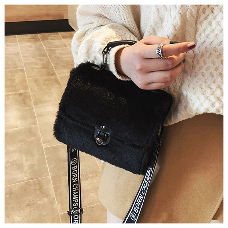 Winter Women New Hairy Bag Tote Shoulder Satchel Bags Korean Small Square Broadband Turn Lock Warm Plush Sweet for Girls SS3507 (21)