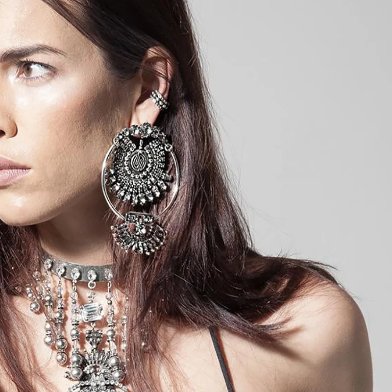 

Big Statement Earrings for Women Brincos New Arrival Fashionable Gold Silver Color Alloy Rhinestone Big Drop Earrings