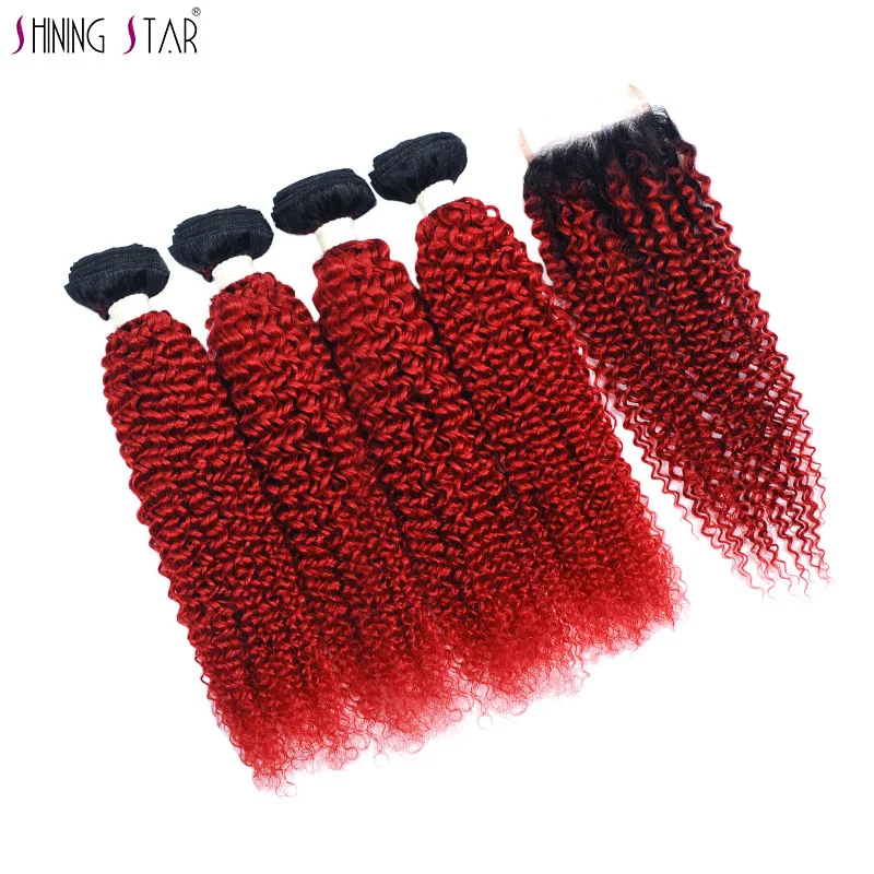 

Mongolian Afro Kinky Curly Hair Weave Human Hair Red Bundles With Closure 4 Ombre Bundles With Closure 2 Tone Nonremy Dark Roots