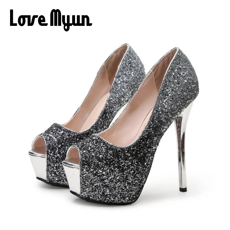 Woman Wedding Party Shoes 14cm Ladies Thin Heels Pumps Platform Sexy open Toe Bling Bling Gradation super High Heels Shoes VV-06