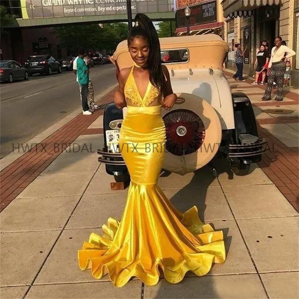 

Gold Yellow 2019 Evening Dress African Black Girls Lace V Neck Sexy Mermaid Long Formal Dresses Evening Gowns Robe de soiree