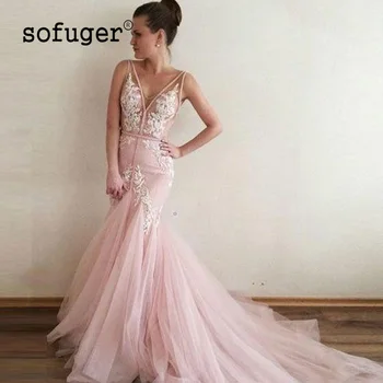 

Pink Lace Sexy Mermaid Backless Appliques Evening Floor Length Vestidos De Festa Prom Dresses Party Evening Dress