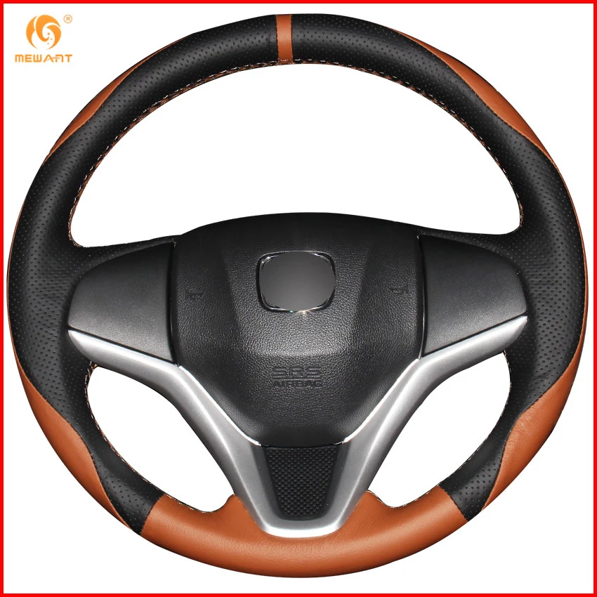 MEWANT Brown Black Genuine Leather Car Steering Wheel Cover for Honda
