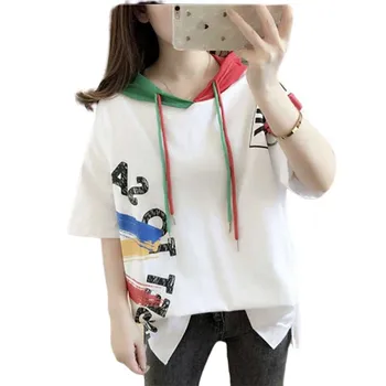 

Harajuku new student hooded short-sleeved T-shirt female 2019 summer new loose color matching graffiti half-sleeve sweater women