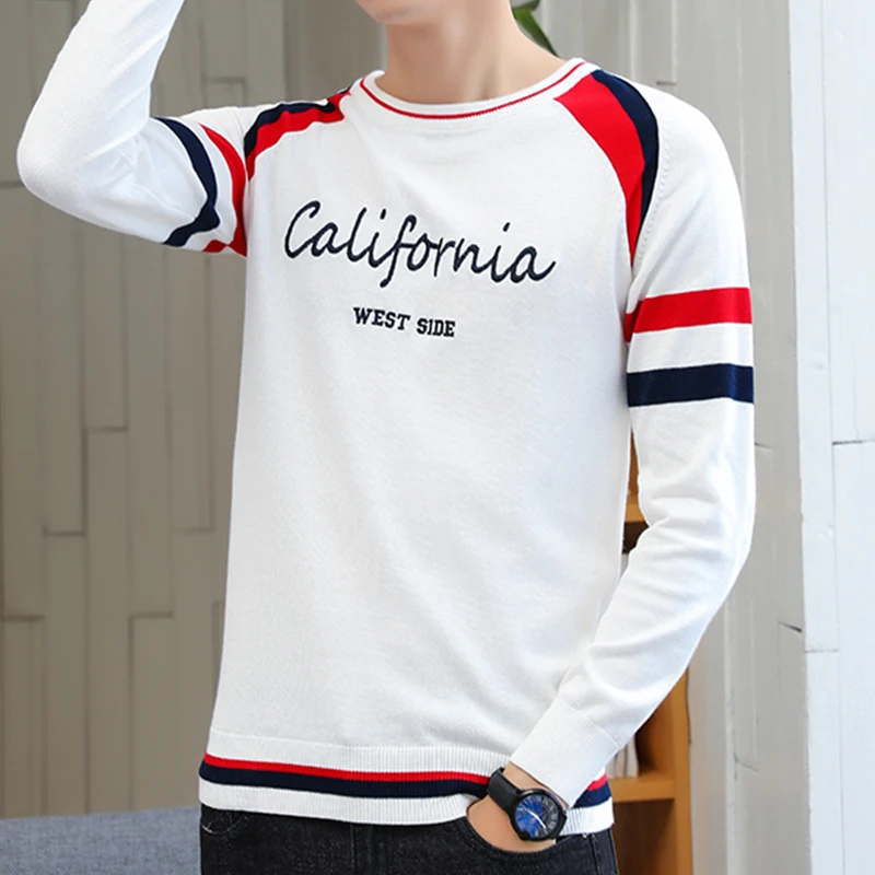 

2019 Autumn Contrast Color Sweater Men O-Neck Cotton Knitted Pullover Men Winter Fashion Korean Style Striped Mens Sweaters Male