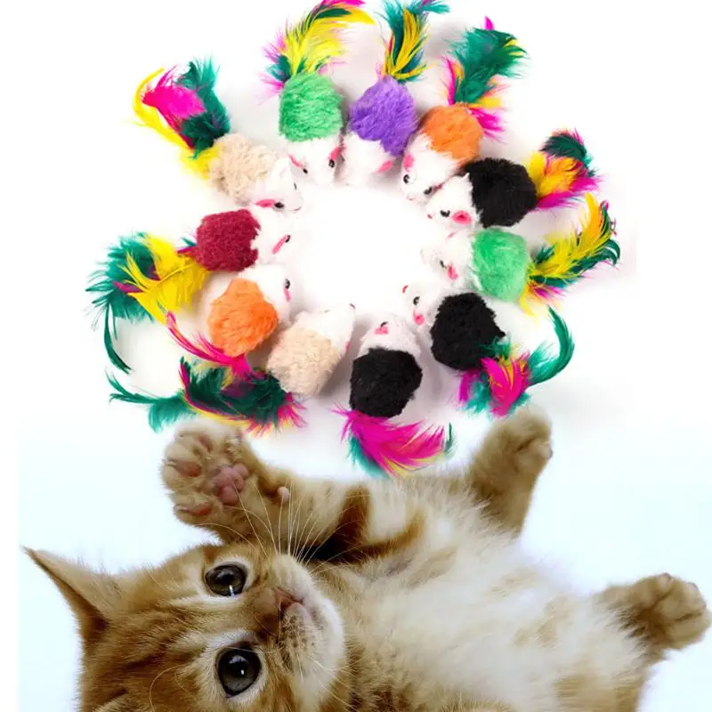 10Pcs/lot Cute False Mouse Pet Cat Toys Mini Playing Toys Interactive Colorful Feather Pet Cat Mouse Plush Kitten Funny Toys