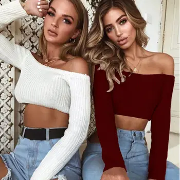 

2018 New Fashion Hot Popular Fashion Women Sexy Slim Off Shoulder Shirt Crop Top Long Sleeve Sweater