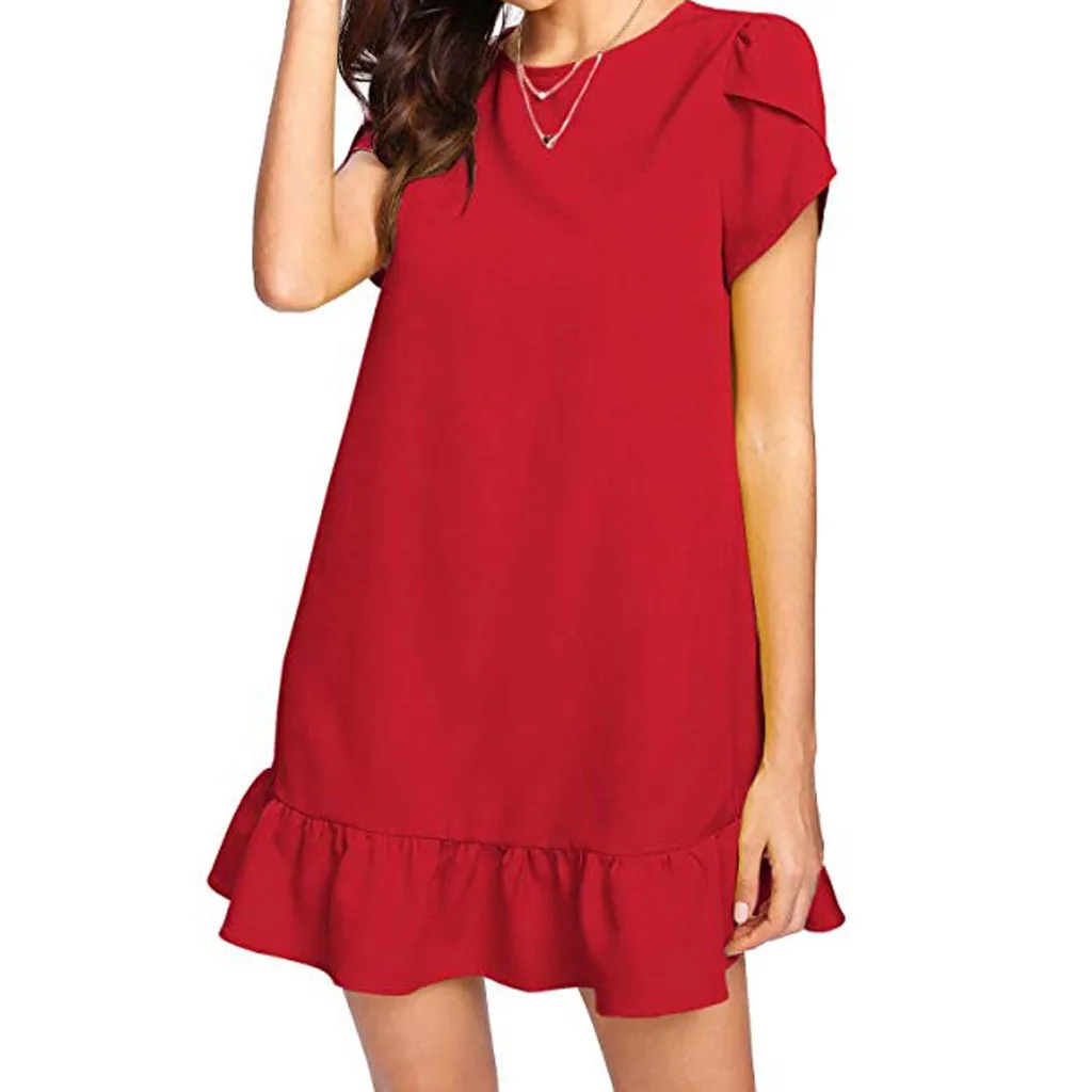 

FeiTong Women's Round Neck Petal Dress Short Sleeve Ruffle Hem Tunic Summer A-Line Dress 2019 Robe Vetement Femme