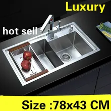 Квартира прочная 304 нержавеющая сталь роскошная кухня ручная раковина двойной паз Горячая 78x43 см
