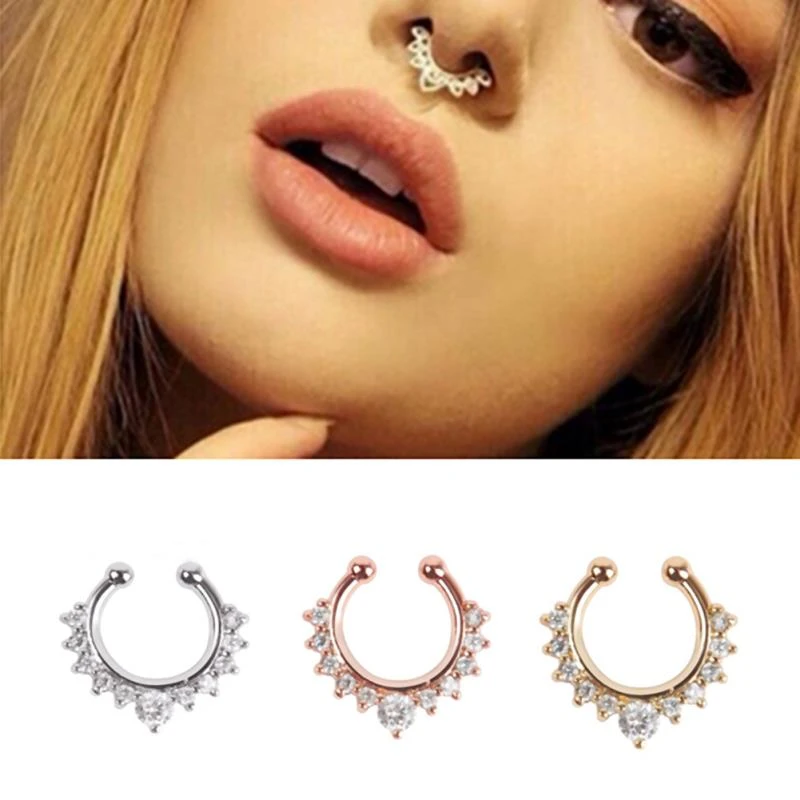 Fake Septum Clicker Nose Ring Rhinestone Non Piercing Hanger Clip On Jewelry TS 