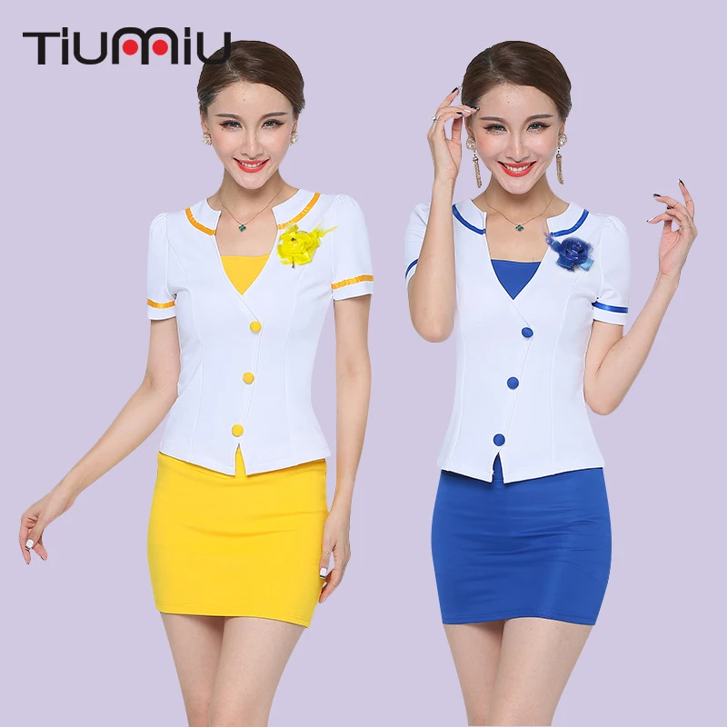 

Women Sexy Aviation Uniforms Bodysuit Mini Dress Short-sleeved KTV Nightclub Sauna Therapy Hotel Work Suit with Flower Plus Size
