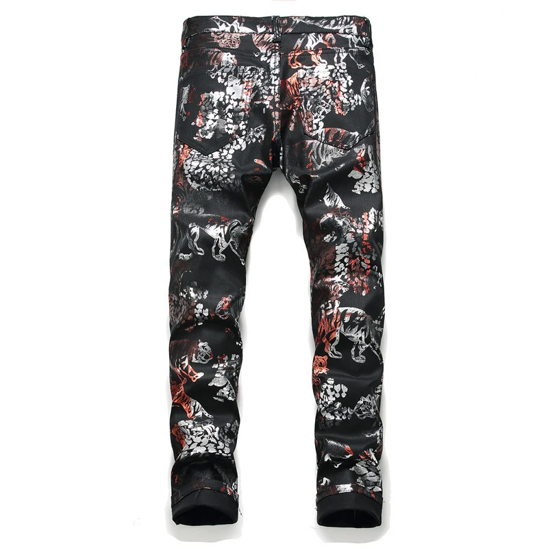 Sokotoo Men's tiger animal printed coated jeans Fashion slim fit black painted stretch pants