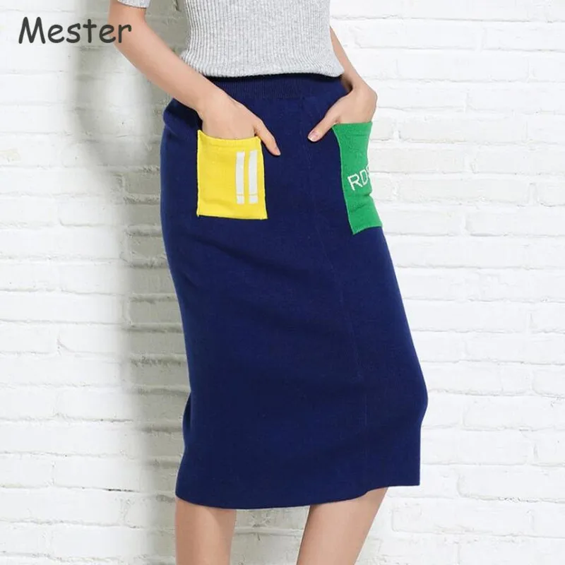 

2017 Spring Women Knee-Length Wool Skirt Fashion Slim Fit Color Block Patchwork Wrap Skirt Bud Knitted Skirts with Pockets