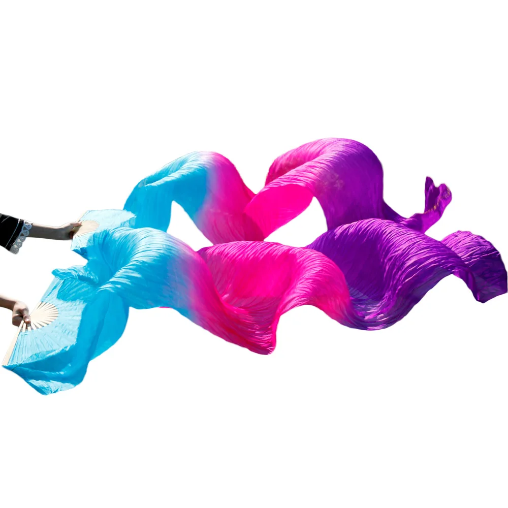 Stage Performance 100% Silk Belly Dance Fans Gradient Colour Dance Accessories Belly Dancing Silk Fans turquoise+rose+purple