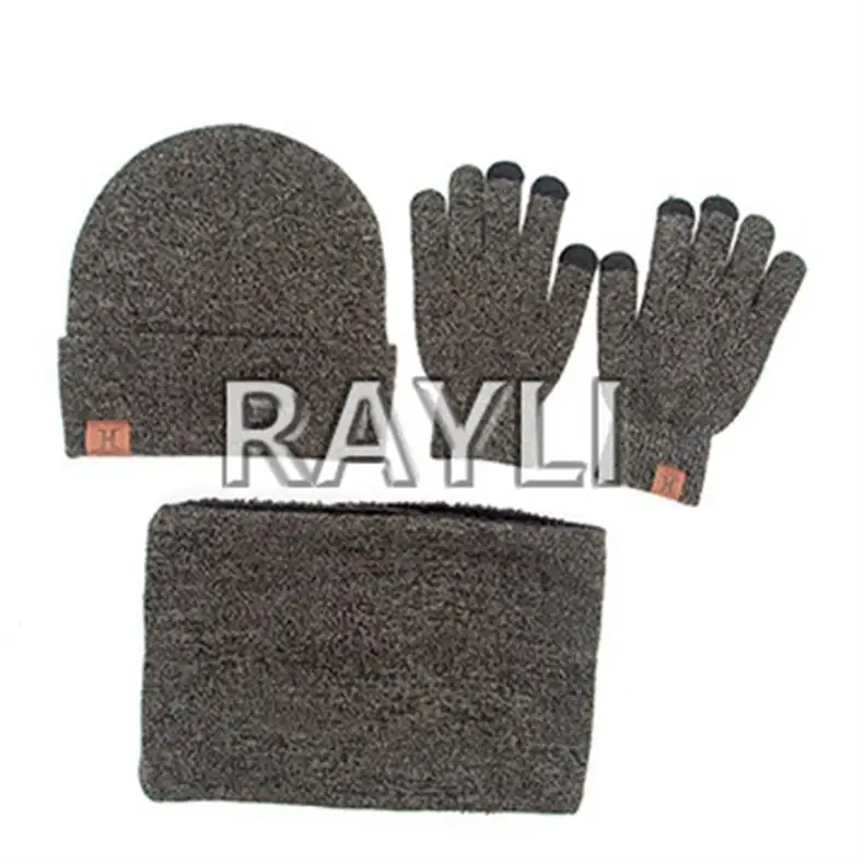 Новая мода зима утолщение теплый человек вязаные шапки наборы шарфов из 3 частей перчатки шляпа и шарф - Цвет: Серый