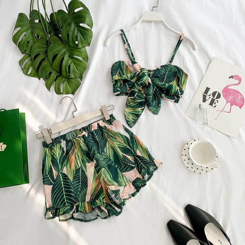 Сексуальный богемный пляжный стиль короткий комплект летний комплект женский модный костюм листья узор топики + эластичные широкие брюки