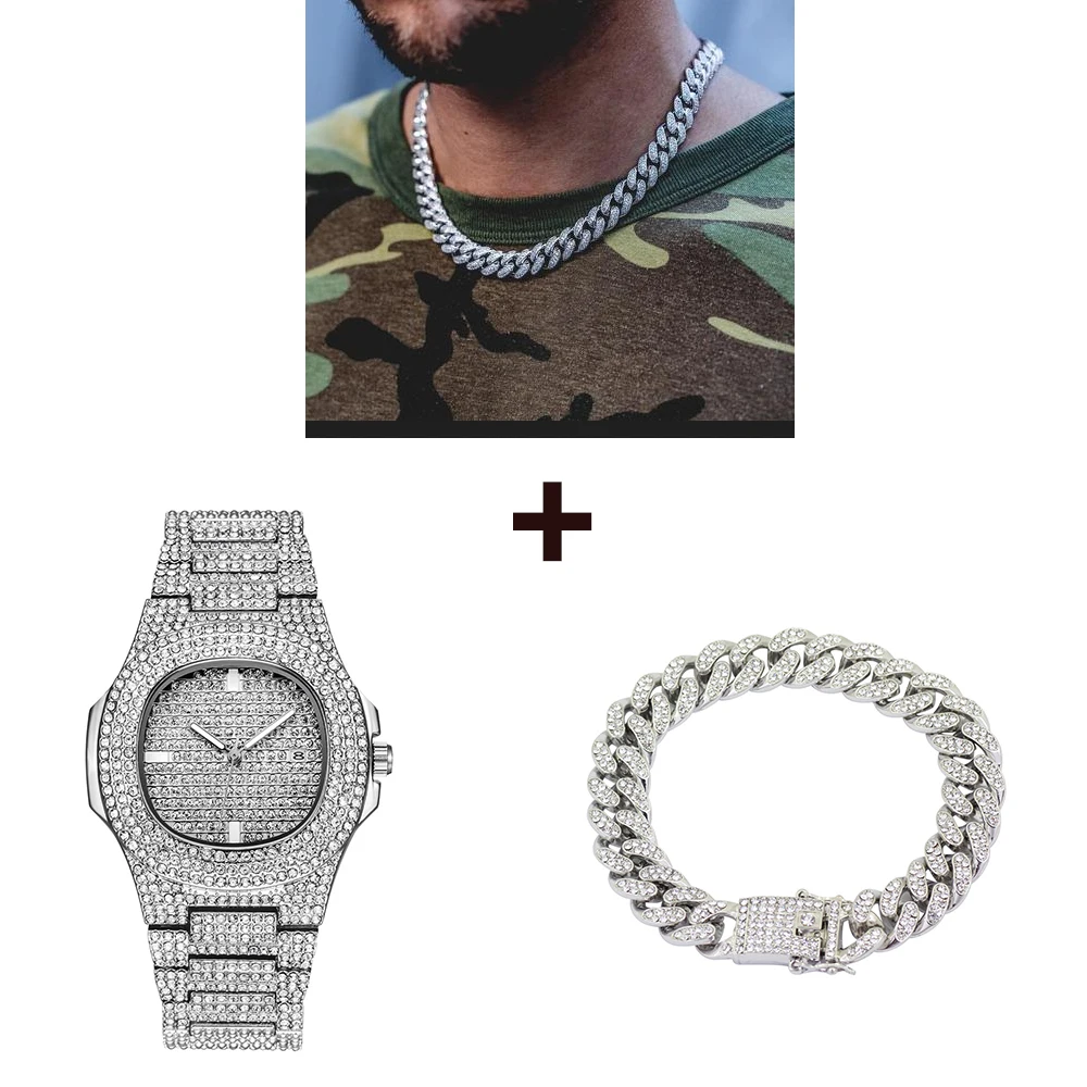

Silver Necklace+Watch+Bracelet 3Set Hip Hop Miami Curb Cuban Chain Bling Iced Out Paved Rhinestones CZ Rapper For Men Jewelry
