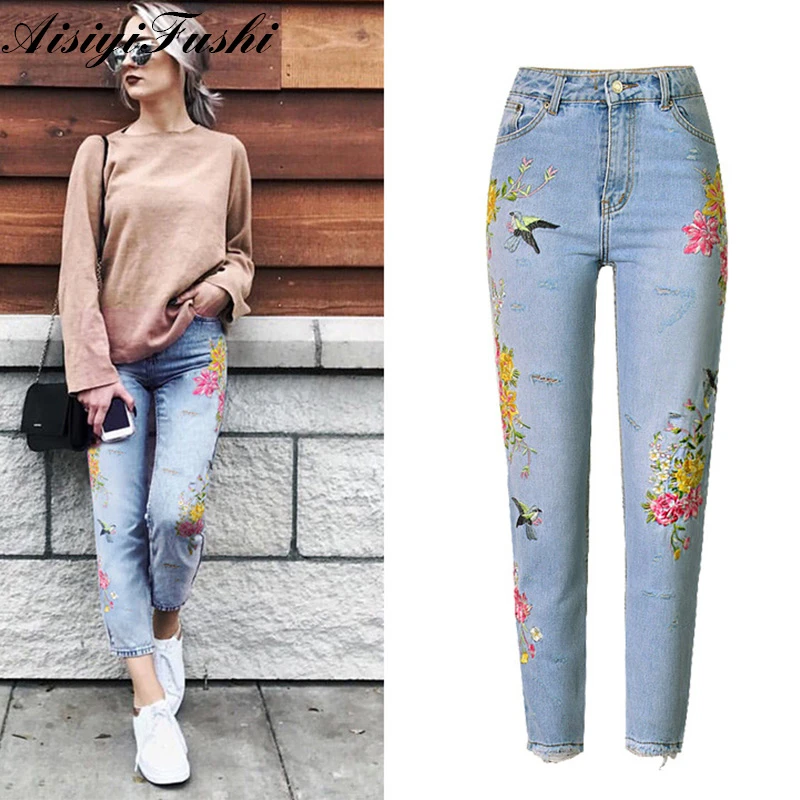 high waisted floral jeans