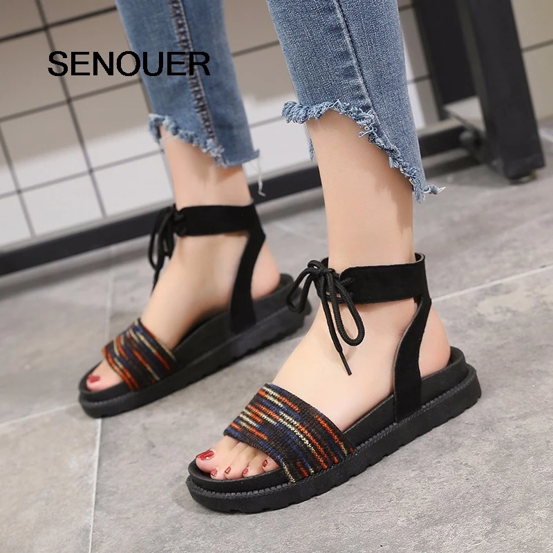 

SENOUER Women Sandals Flat With Thick Platform Sandals Comfortable Elastic Band Flock Tied Sandals Beach Shoes Women Casual Shoe