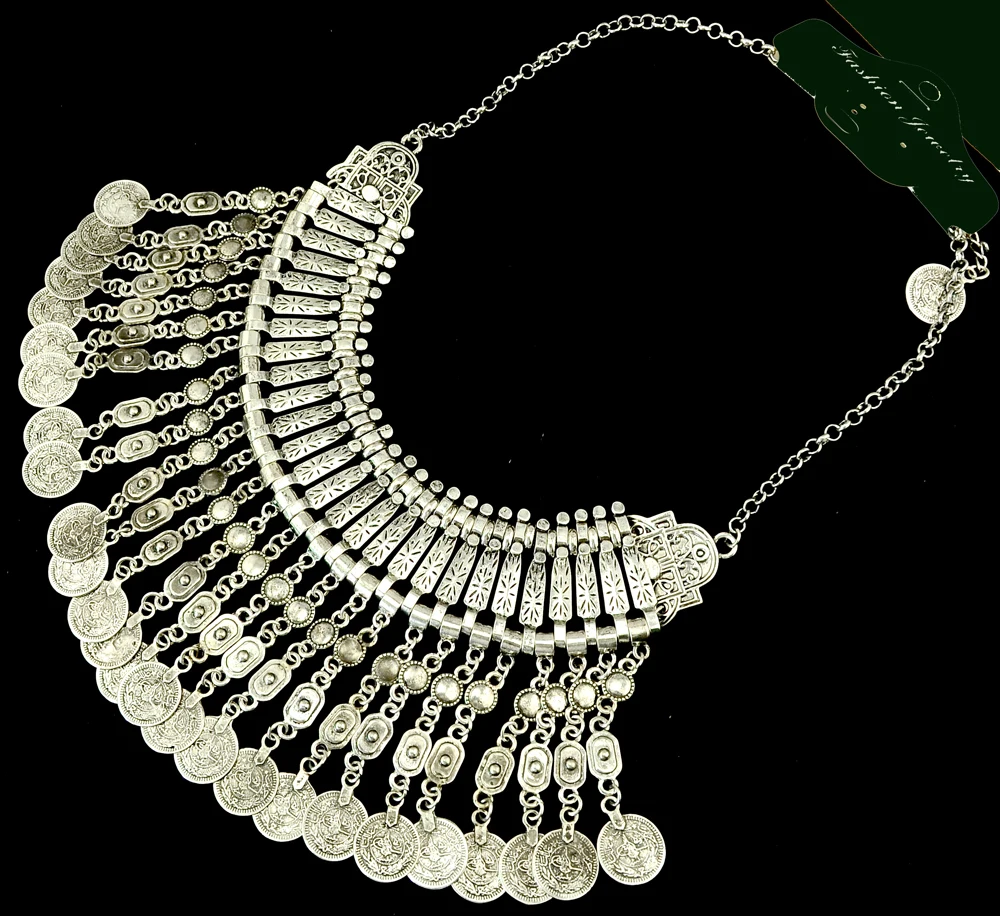 New Bohemia Turkish Gyspy Gold/Silver Necklaces Zamac Jewelry Handcraft Ethnic Coin Fringe Choker Bib Statement Necklace Women