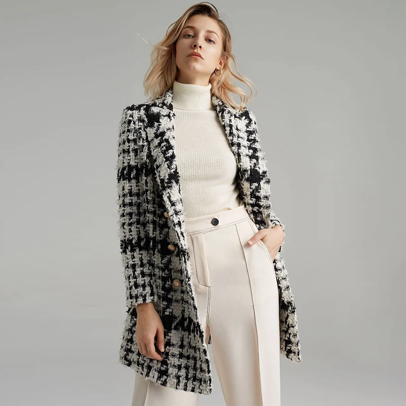 

Black/white plaid woolen coat double-breasted 2019 spring / autumn /winter women's coat lady's tweed coat