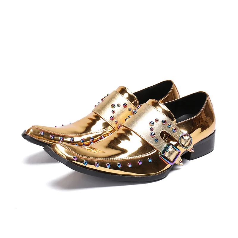

Gold Patent Leather Personality Men Shoes Fashion Buckle Rivets Square Toe Club Bar Party Shoes