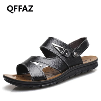 

QFFAZ Cow Split Leather Men Sandals Hand Sewing Men Summer Shoes Breathable Beach Shoes men slippers fashion flat slippers shoes