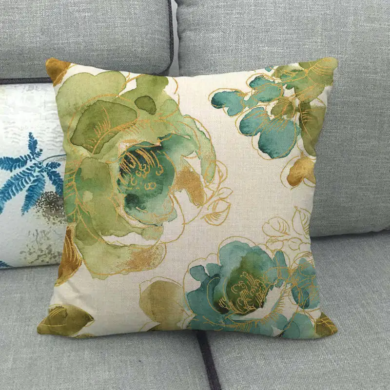 45 см* 45 см золотой край синий акварельный цветок дизайн лен/хлопковая подушка для дивана Чехлы диванная подушка крышка декоративная подушка для дома