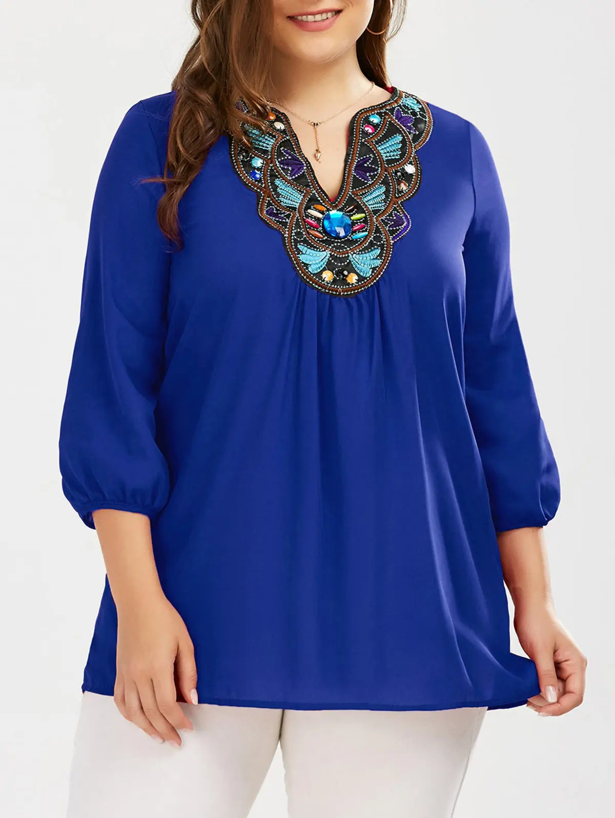 Plus Size Women Embroidered Rhinestone Tunic Blouse 5XL Solid Color