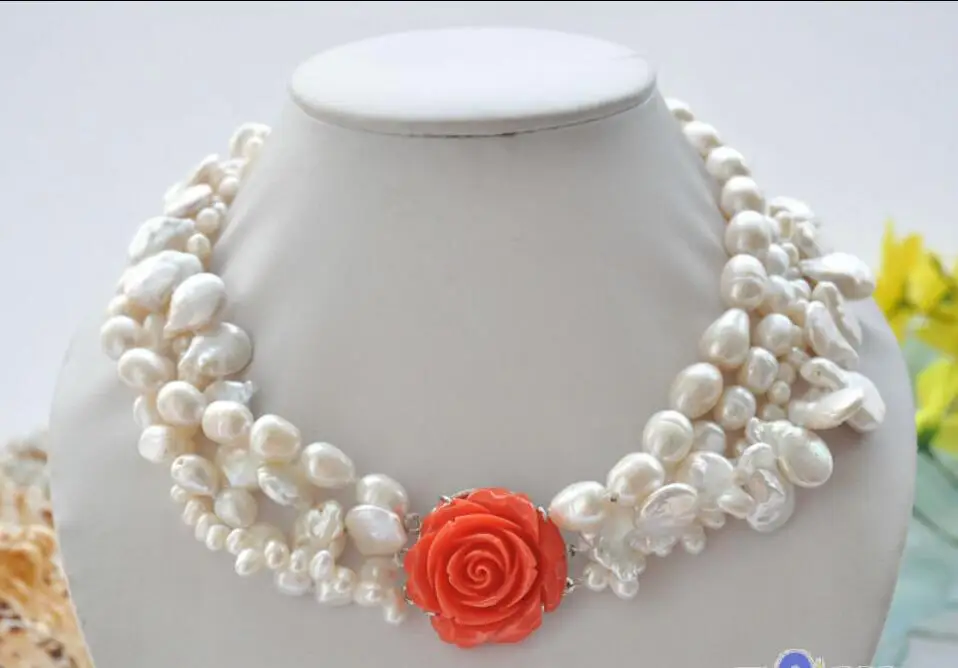 

Free shipping hot sale Women Bridal Wedding Jewelry >>4row 18" 14mm white coin baroque rice freshwater pearl necklace