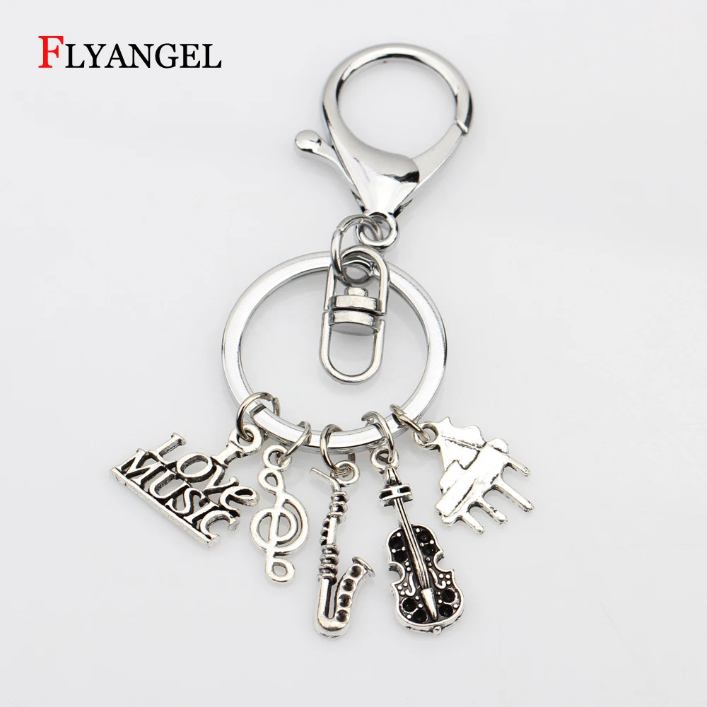 

Antique Silver I Love Music Piano Saxophone Pendant Musical Instruments Treble Clef Music Charms Car Keychain Key Rings Jewelry