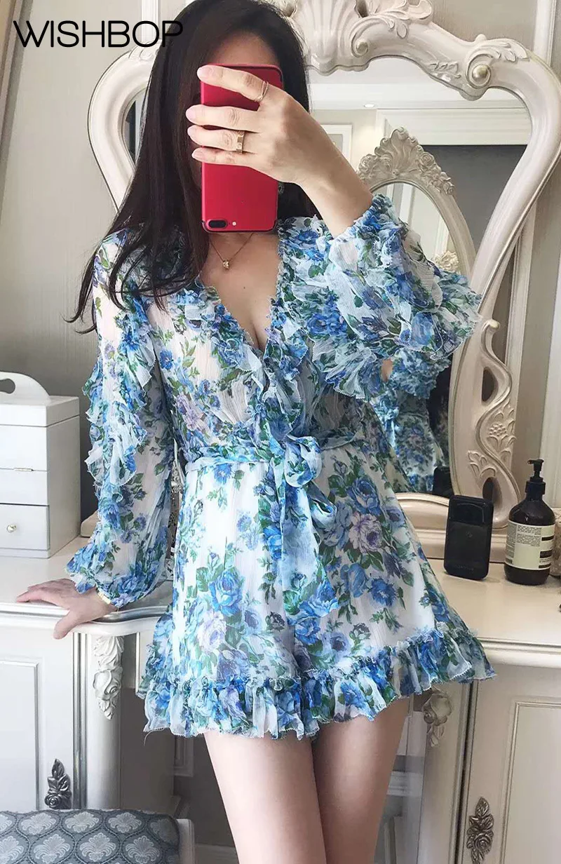 

2018 Luxury Silk Whitewave Ruffle Playsuit - Azure Wallpaper Floral Print Deep V Neck Jumpsuit Bell Sleeves & Elasticated Waist