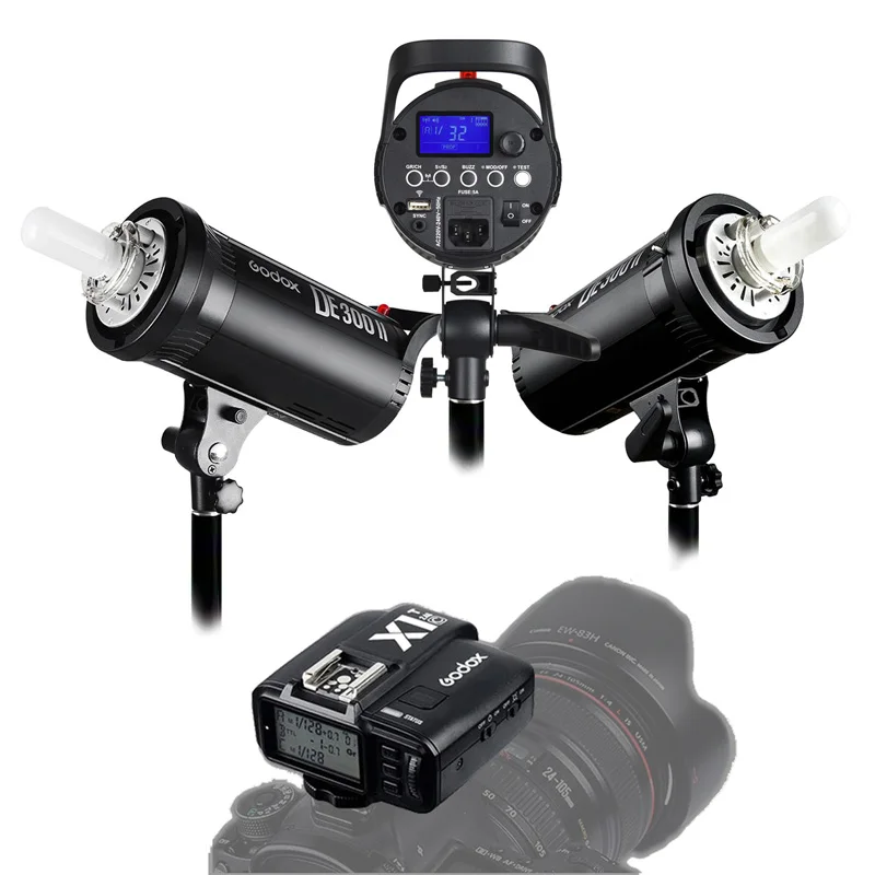 

Godox 3x DE300II 300Ws + X1 Transmitter Trigger 2.4G Wireless Studio Flash Light Lighting Kit Photo Strobe 300W Lamp Head Set