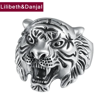 

2019 Finger Adjustable Ring 100% Real 925 Sterling Silver jewelry Men Zodiac Animal Tiger head statement Opening Black Ring R129