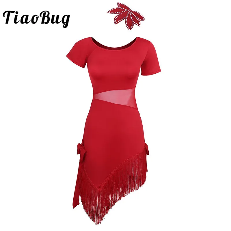 

TiaoBug Women Mesh Splice Fringe Tassel Dance Dress with Headwear Adult Short Sleeve Samba Rumba Tango Salsa Latin Dance Costume