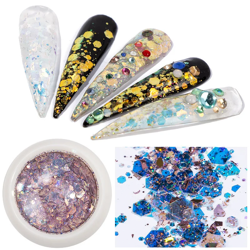 

1 Box Laser Nail Art Glitter Sequins Mix Size Hexagon UV Gel Nail Polish Flakes Holograhic Mermaid Gradient Powder Acrylic Tips
