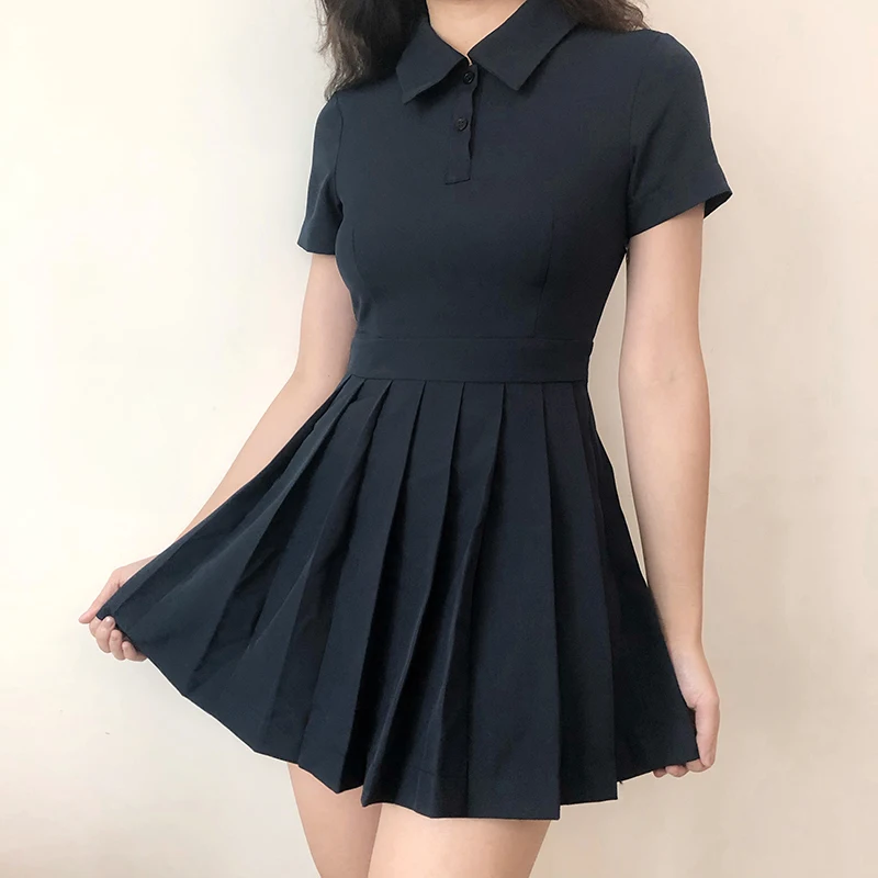 

Women Summer Pleated Dress Solid Shirt Turn Down Collar Polo Short Sleeves Preppy Style Student Sport Tennis Dresses Mini Dress